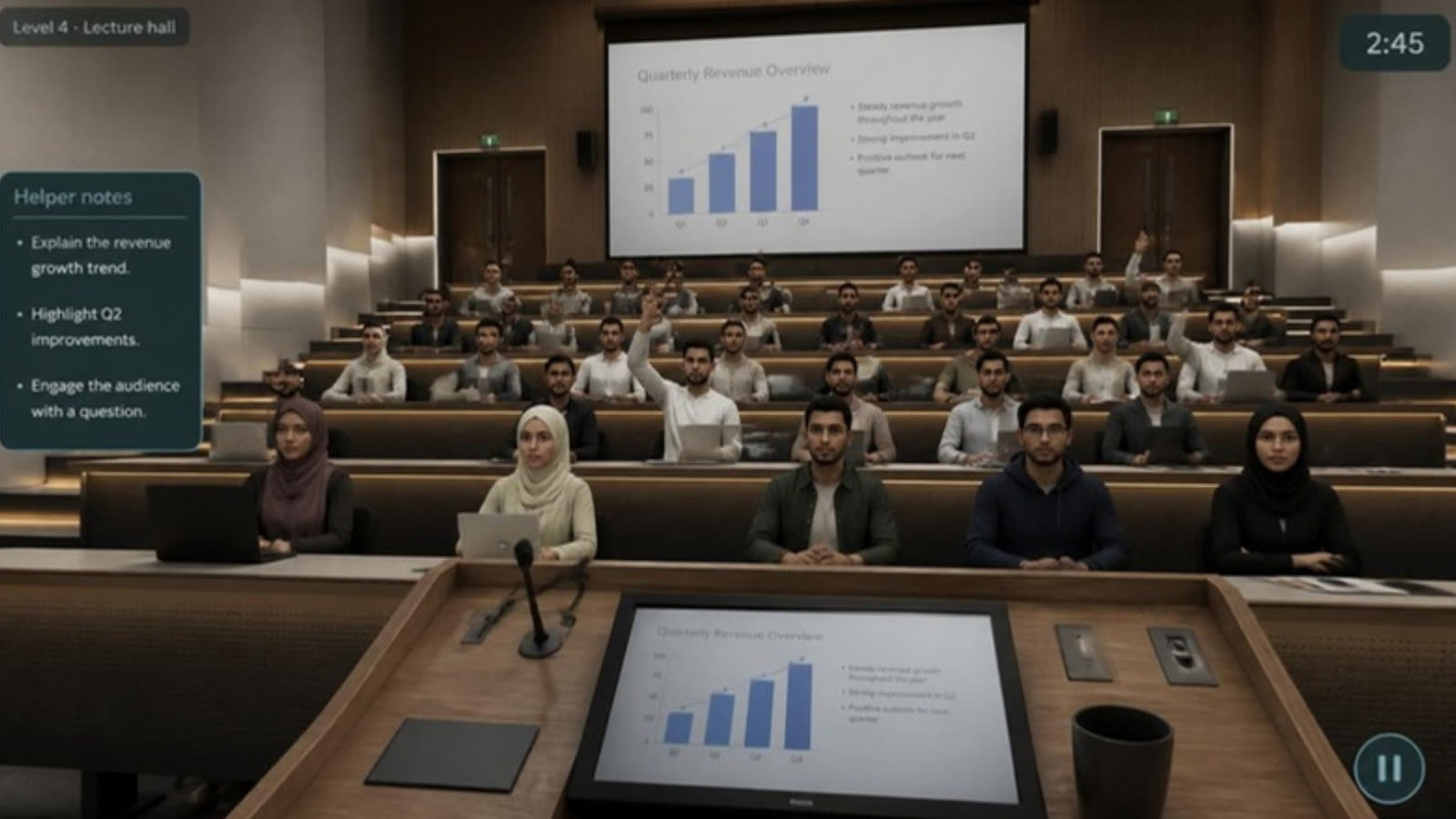 First-person VR view from a lectern in a lecture hall with helper notes and a timer