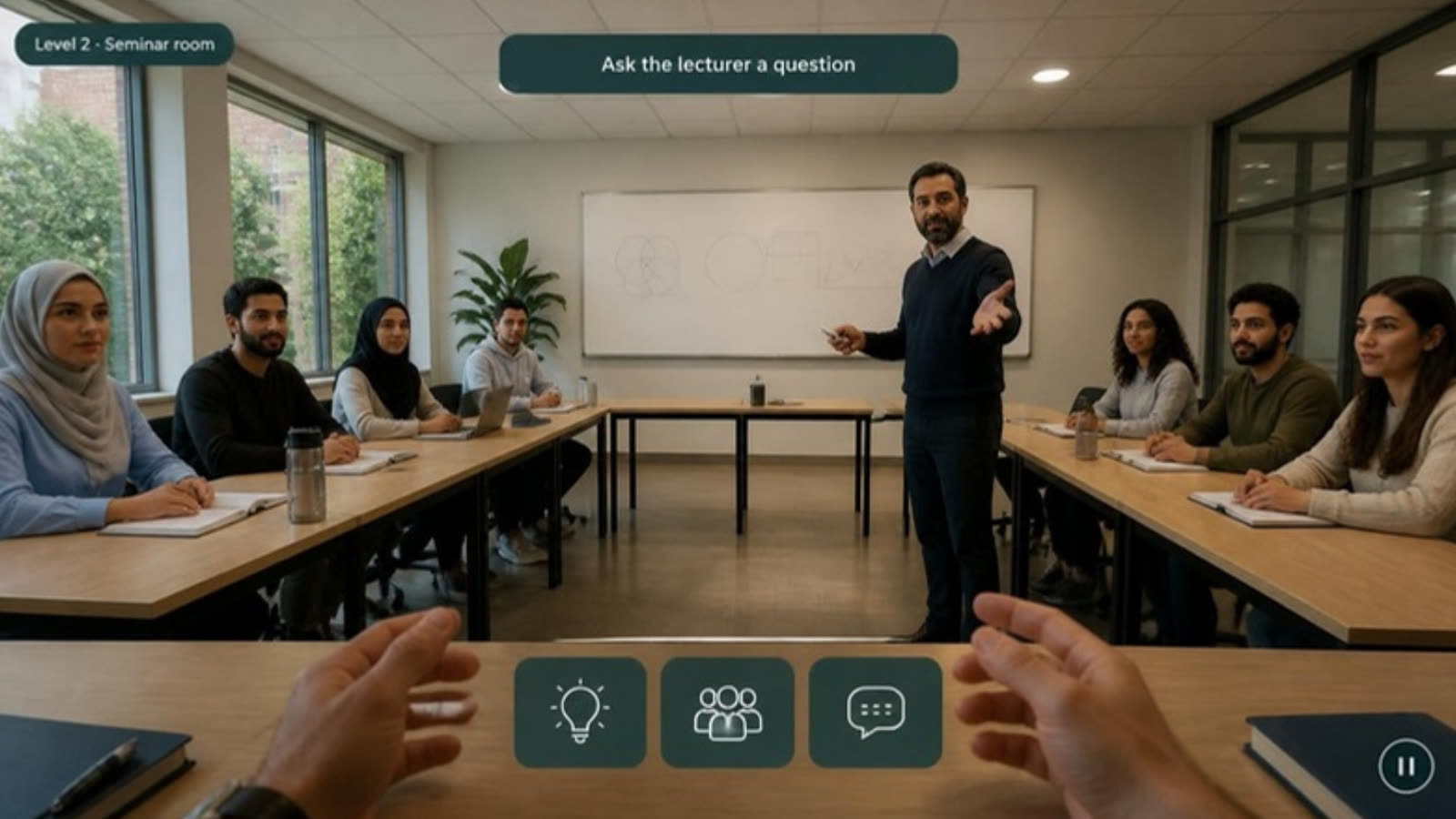 First-person VR view of a seminar room with a lecturer inviting the student to ask a question